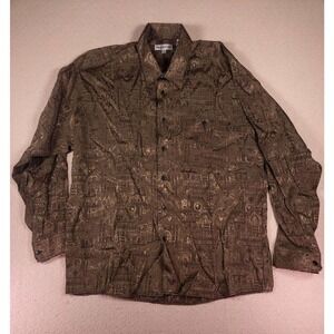 Montello Shirt Mens Large L Geometric Brown Button Up Collared‎ Polyester Blend